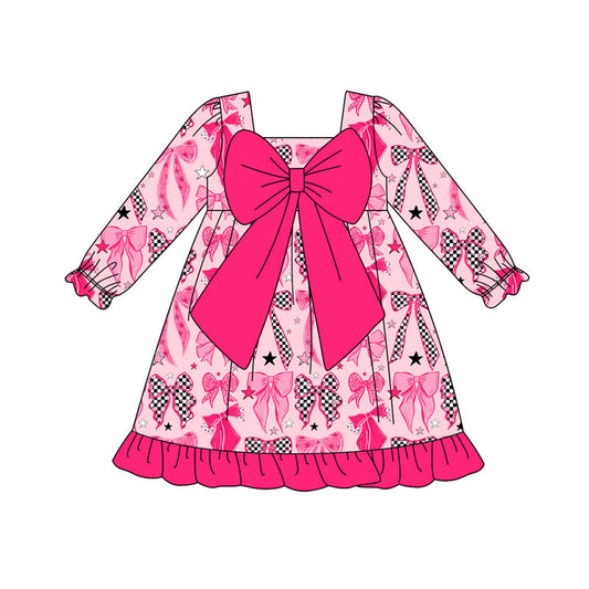 Preorder(moq 8)Baby Girls Pink Stars Bows Valentine Ruffle Knee Length Dresses