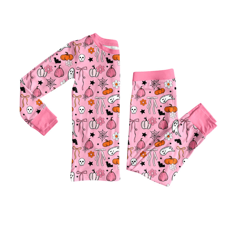 Preorder (moq 5)Baby Girls Long Sleeves Pink Ghost Pumpkins Top Pant Pajamas Clothes Set