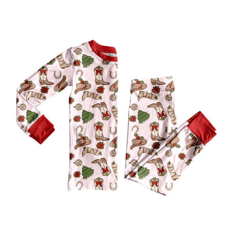 Preorder (moq 20)Baby Girls Bamboo Hats Boots Holly Trees Christmas Pajamas Sets