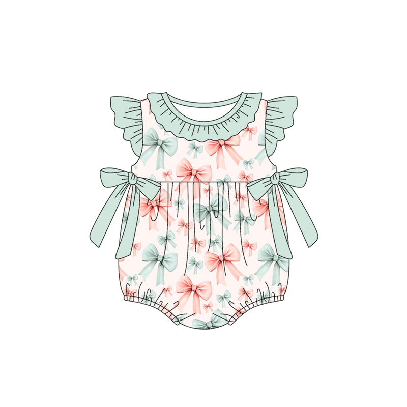 Preorder moq 5 Baby Girls Mint Flutter Sleeves Pink Bows Ruffle Rompers