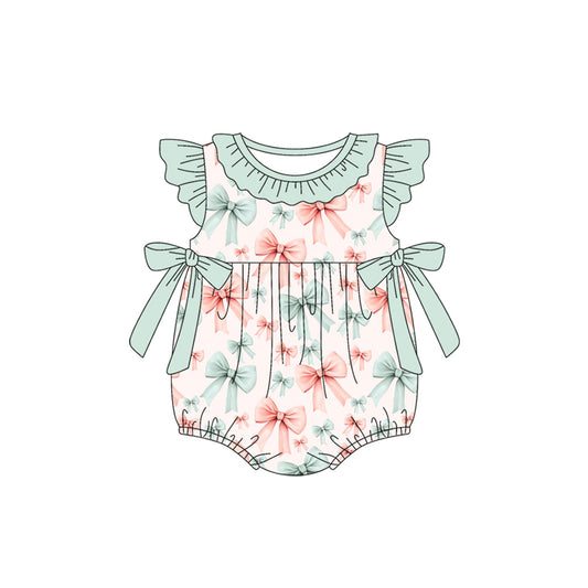 Preorder moq 5 Baby Girls Mint Flutter Sleeves Pink Bows Ruffle Rompers