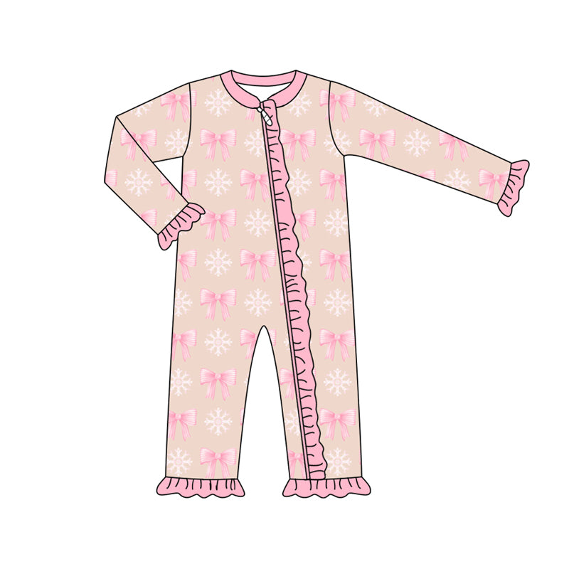 Preorder (moq 5)Baby Girls Pink Long Sleeves Bows Snowflake Plaid Ruffle Zipper Romper