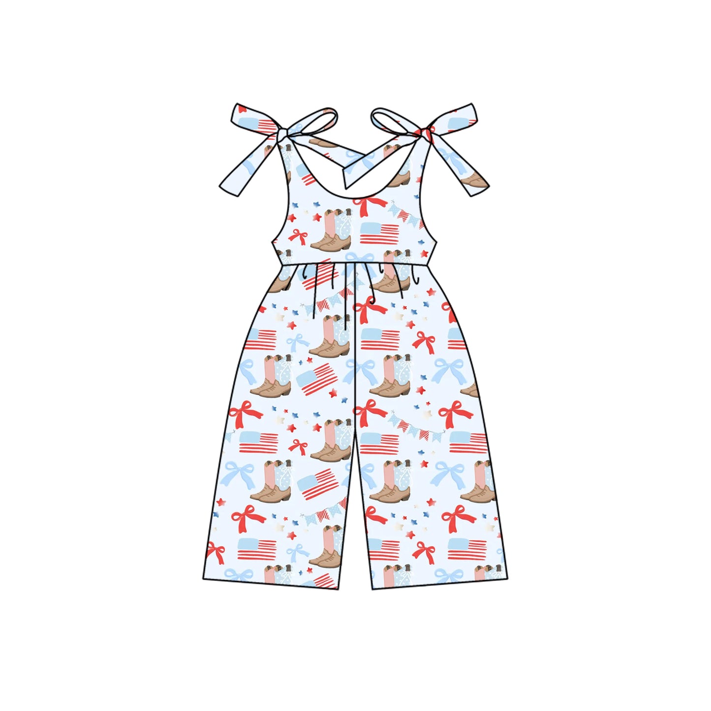 Preorder moq 5 Baby Girls Blue Strap Flags Boots Bows Bell Bottom 4th Of July Jumpsuits