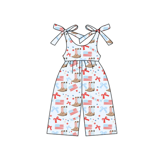 Preorder moq 5 Baby Girls Blue Strap Flags Boots Bows Bell Bottom 4th Of July Jumpsuits