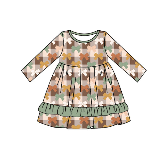 Preorder moq 5 Baby Girls Long Sleeves Brown Khaki Plaid Bows Ruffle Knee Length Dresses