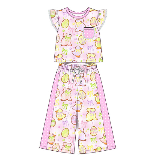 Preorder (moq 5) Baby Girl Clothes Easter Bunny Duck Gingham Mixed Print Flutter Short Sleeve Wide Leg Pant Set