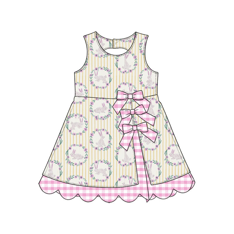 Preorder (moq 5) Baby Girl Clothes Easter Bunny Wreath Stripe Print Sleeveless Bow Scallop Hem Boutique Dress