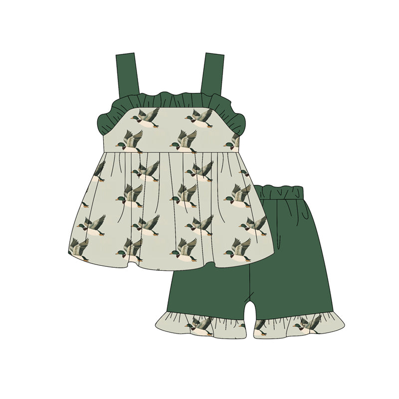 Preorder moq 5 Baby Girls Green Strap Ducks Tunic Ruffle Short Set