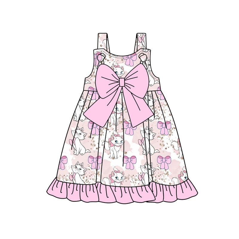Preorder (moq 5)Baby Girls Pink Strap Bows Top Cartoon Cats Bows Knee Length Dress