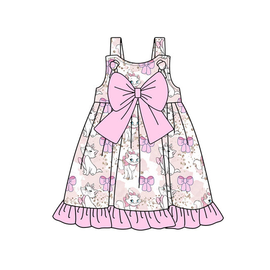 Preorder (moq 5)Baby Girls Pink Strap Bows Top Cartoon Cats Bows Knee Length Dress