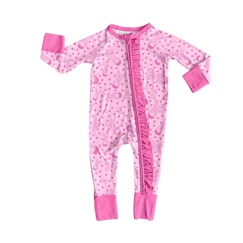 Preorder(moq 5)Baby Girls Wear Pink In Oct Bows Zipper Footie Rompers