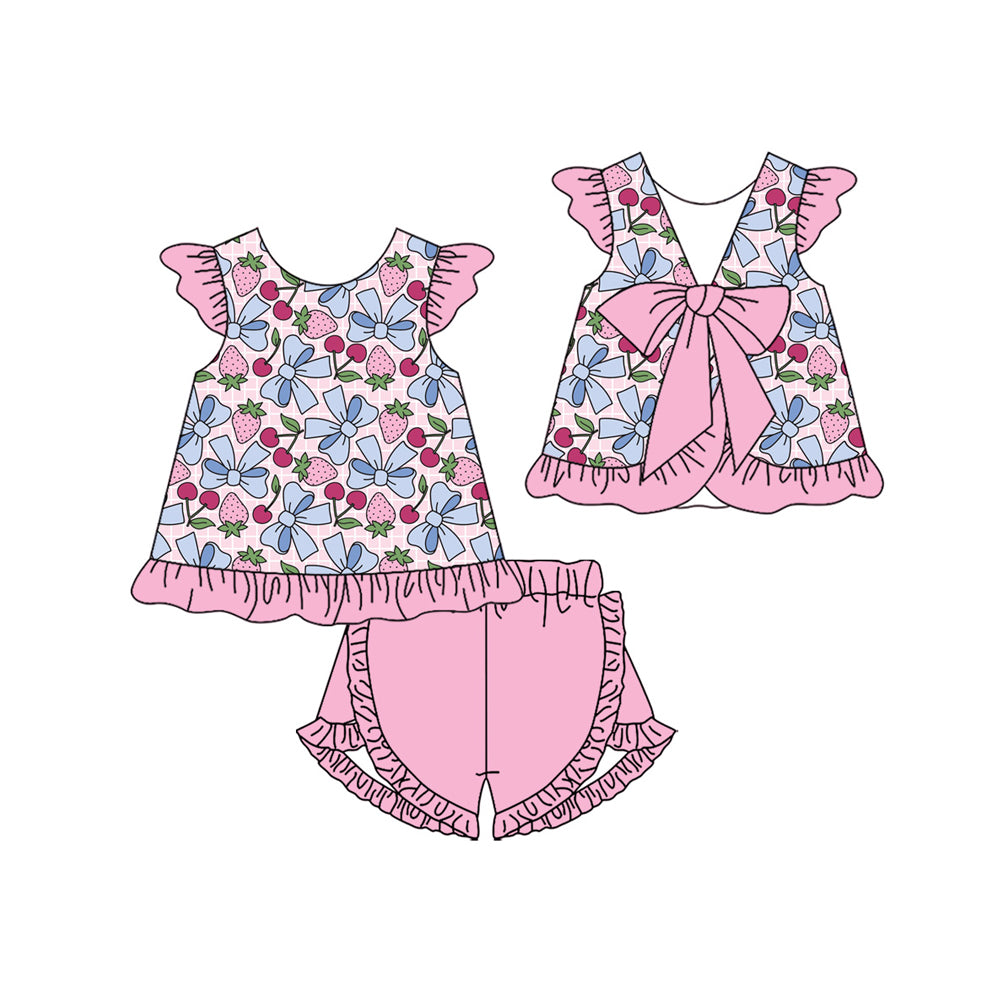 Preorder (moq 5)Baby Girls Strawberry Cherry Back Bows Tunic Ruffle Short Clothes Sets