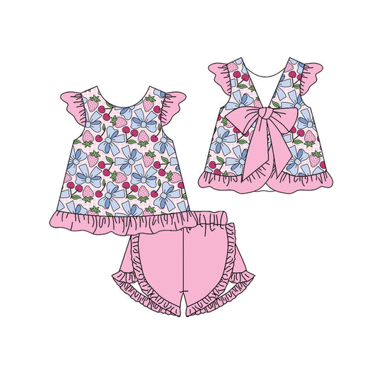 Preorder (moq 5)Baby Girls Strawberry Cherry Back Bows Tunic Ruffle Short Clothes Sets