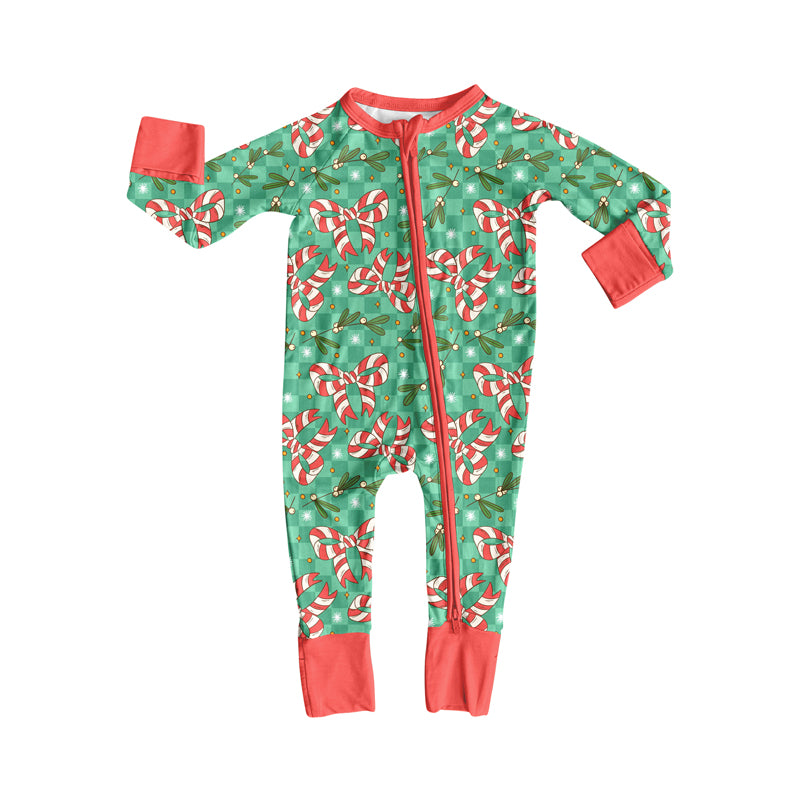 Preorder(moq 5)Baby Boys Holly Plaid Candy Cane Bows Christmas Zipper Footie Rompers