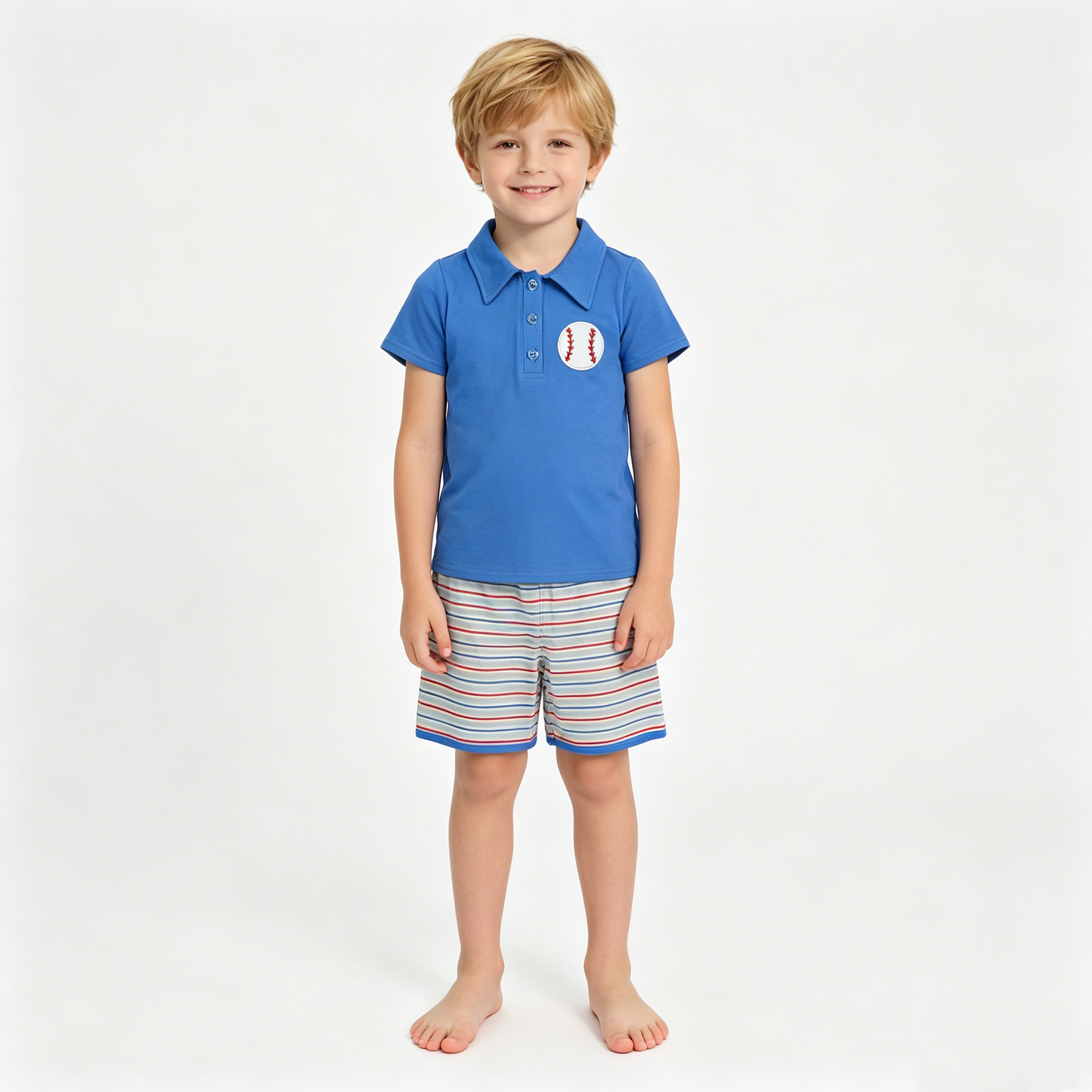 Embroidery Baseballs Baby Boys Blue Button Polo Top Stripe Shorts Team Clothes Sets