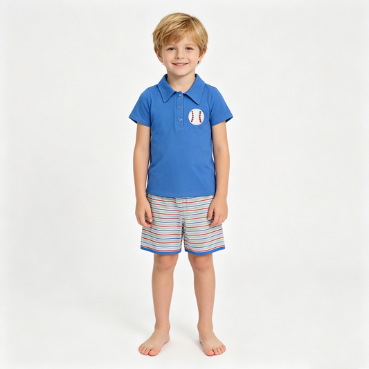 Embroidery Baseballs Baby Boys Blue Button Polo Top Stripe Shorts Team Clothes Sets