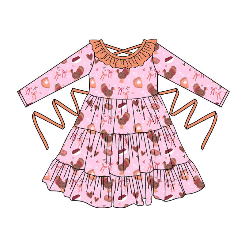 Preorder moq 5 Baby Girls Pink Long Sleeves Chicks Bows With Belt Ruffle Farm Knee Length Dresses