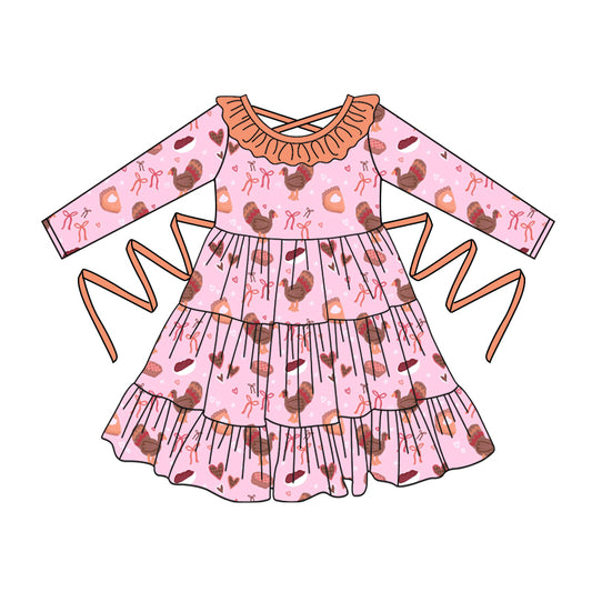 Preorder moq 5 Baby Girls Pink Long Sleeves Chicks Bows With Belt Ruffle Farm Knee Length Dresses