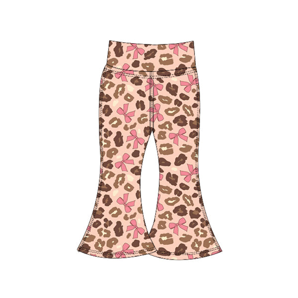 Preorder (moq 5)Baby Girls Pink Bows Leopard Yoga Bell Bottom Pants