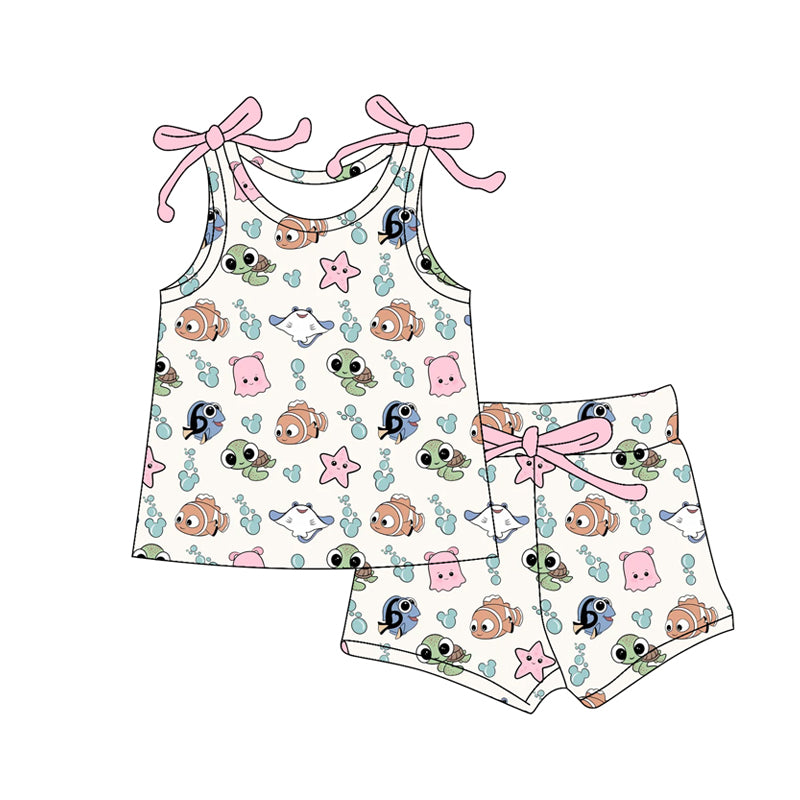 Preorder moq 5 Baby Girls Bows Sleeveless Cartoon Fishes Top Short Set