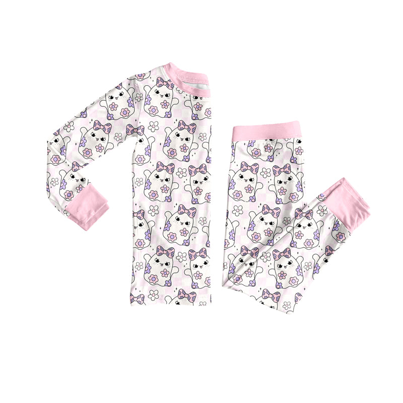 Preorder (moq 5)Baby Girls Long Sleeves Pink Bows Ghosts Top Pant Pajamas Set