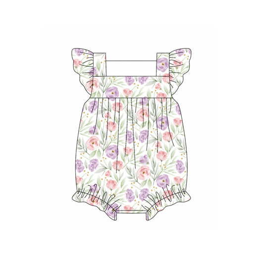 Preorder moq 5 Baby Girls Flutter Sleeves Lavender Pink Flowers Ruffle Rompers