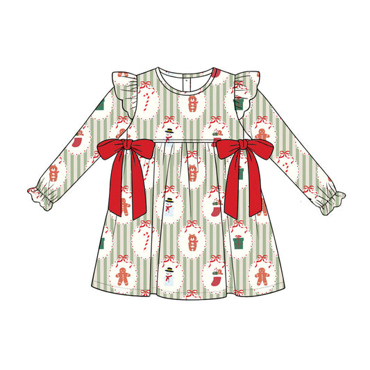 Preorder (moq 5)Baby Girls Snowmen Candy Cane Stripe Christmas Knee length Dress