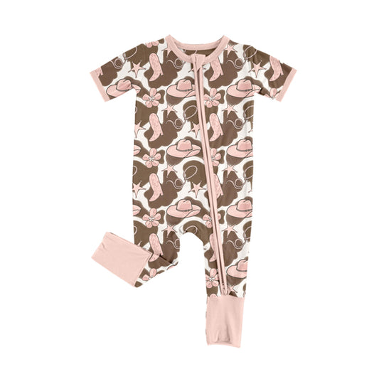 Preorder (moq 5)Baby Girls Pink Boot Hats Flowers Western Two Way Zip Convertible Rompers