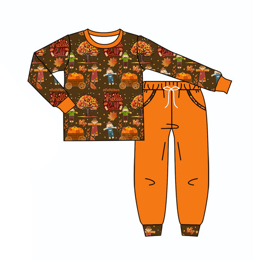 Preorder (moq 5)Baby Boys Turkey Pumpkins Top Pockets Jogger Thanksgiving Clothes Set