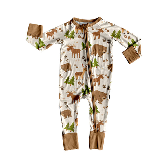 Preorder (moq 5)Baby Boys Brown Long Sleeves Deer Bears Trees Zipper Rompers