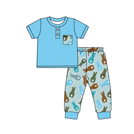 Preorder(moq 8)Baby Boys Pocket Button Top Colorful Rabbits Pants Easter Clothes Sets