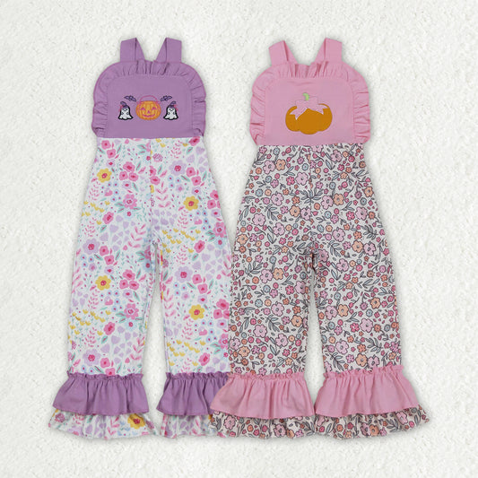 Sibling Embroidery Ghost Pumpkins Baby Girls Strap Floral Fall Halloween Ruffle Jumpsuits