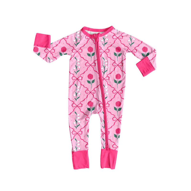 Preorder (moq 5)Baby Girls Pink Bows Flowers Checked Zipper Footie Rompers