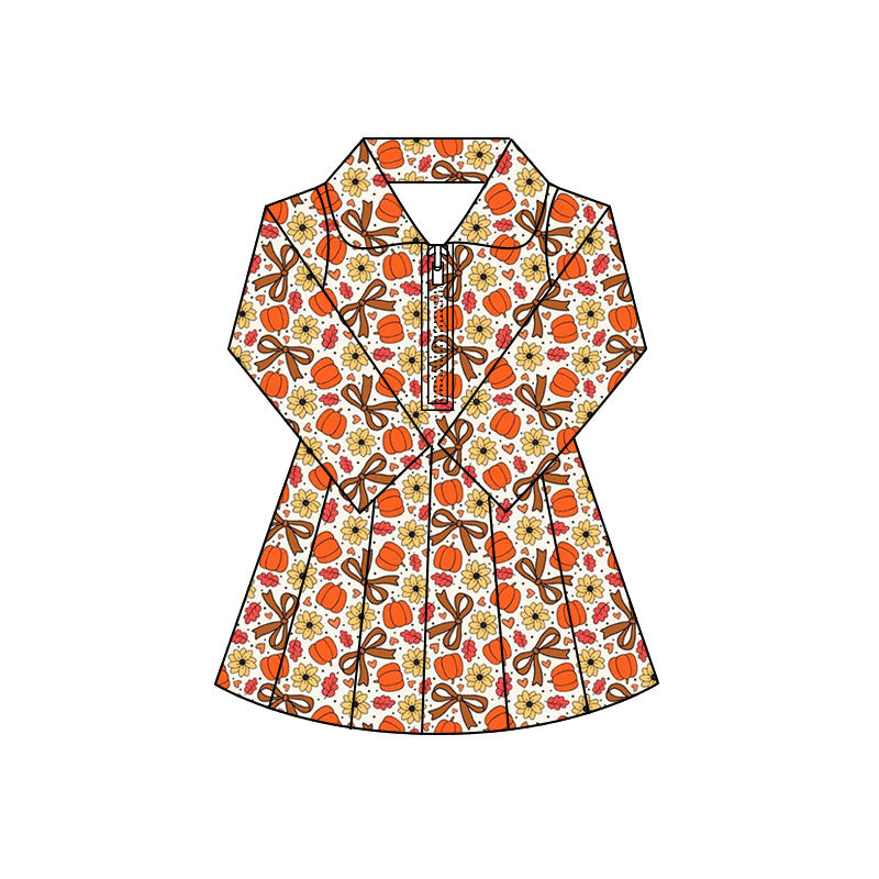 Preorder (moq 5)Baby Girls Flowers Pumpkins Zip Pleated Skirt Short Fall Knee Length Dresses