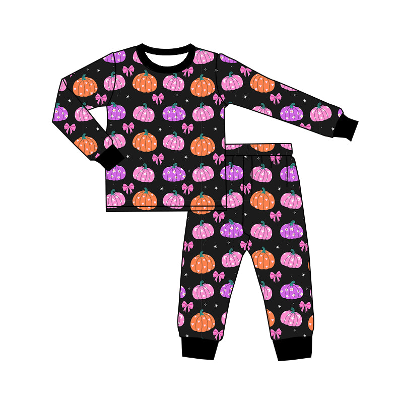 Preorder (moq 5)Baby Girls Bows Pumpkins Top Pants Fall Pajamas Set