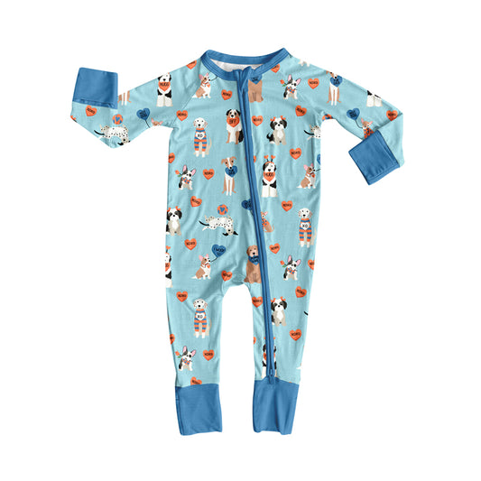 Preorder (moq 5)Baby Boys Blue XOXO Hearts Dogs Valentines Two Way Zip Convertible Rompers