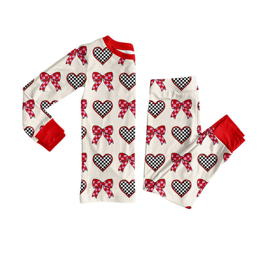 Preorder(moq 8)Baby Girls Hearts Bows Checked Top Pants Valentine Pajamas Sets