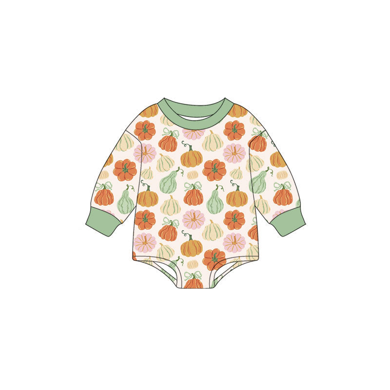 Preorder (moq 5)Baby Girls Long Sleeve Colorful Bows Pumpkins Fall Rompers