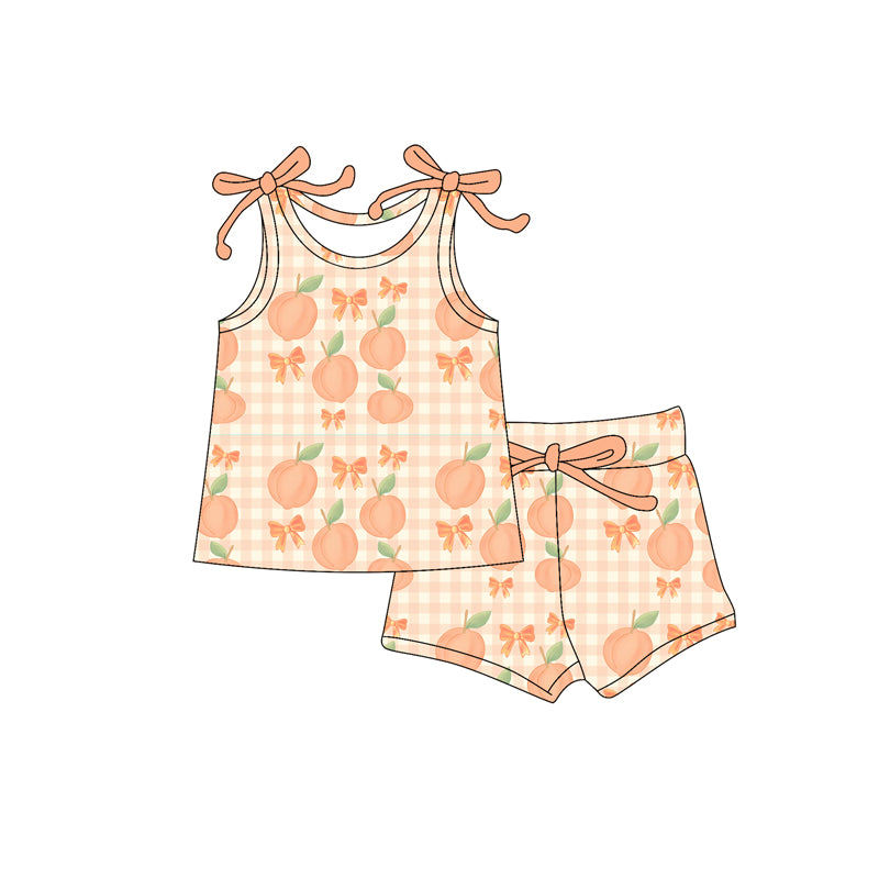 Preorder (moq 5)Baby Girls Orange Bows Sleeveless Peaches Plaid Top Shorts Set