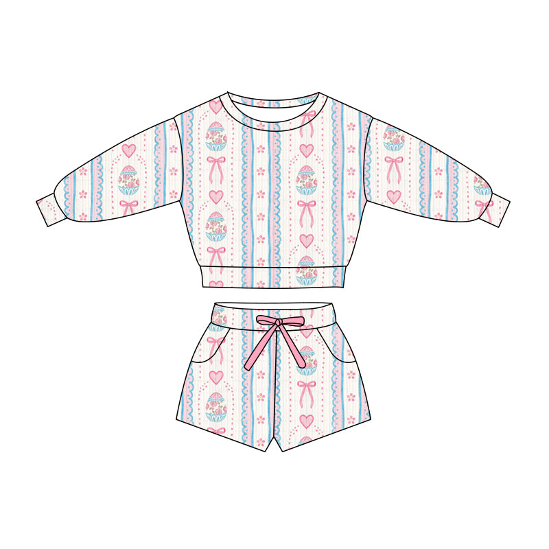 Preorder (moq 5)Baby Girls Hearts Eggs Bows Stripe Top Pockets Shorts Easter Clothes Sets