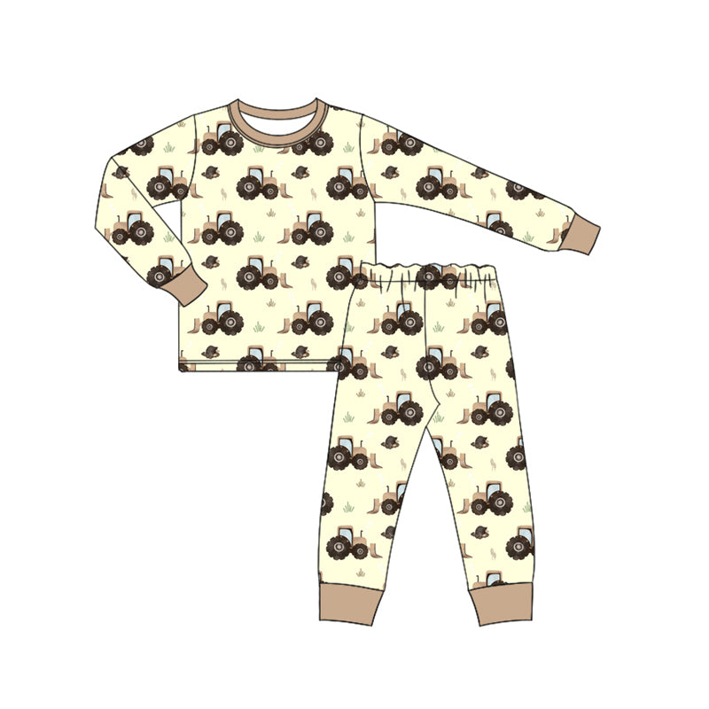 Preorder (moq 5)Baby Boys Long Sleeves Trucks Plaid Top Pant Farm Pajamas Set