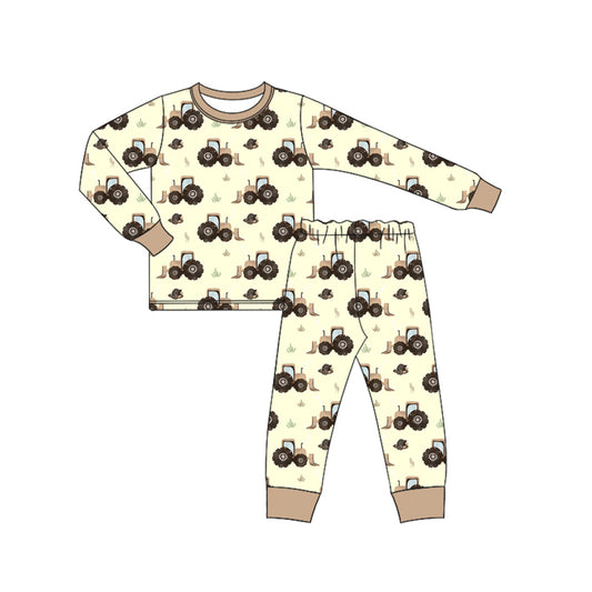 Preorder (moq 5)Baby Boys Long Sleeves Trucks Plaid Top Pant Farm Pajamas Set