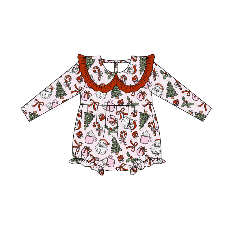 Preorder (moq 5)Baby Girls Long Sleeves Santa Bows Candy Cane Trees Plaid Ruffle Romper