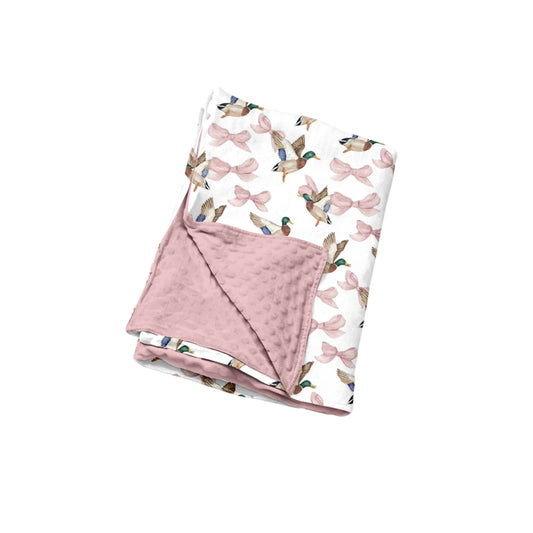 Preorder (moq 5) Baby Girl Mallard Duck Pink Bow Print Double Layer Minky Dot Baby Blanket