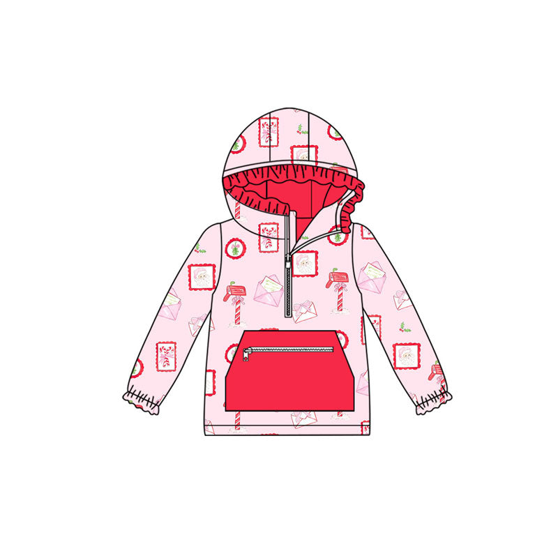 Preorder (moq 5)Baby Girls Santa Letters Pocket Zipper Christmas Ruffle Hoodies Top