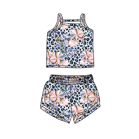 Preorder (moq 5)Baby Girls Blue Leopard Leaves Straps Top Shorts Clothes Sets