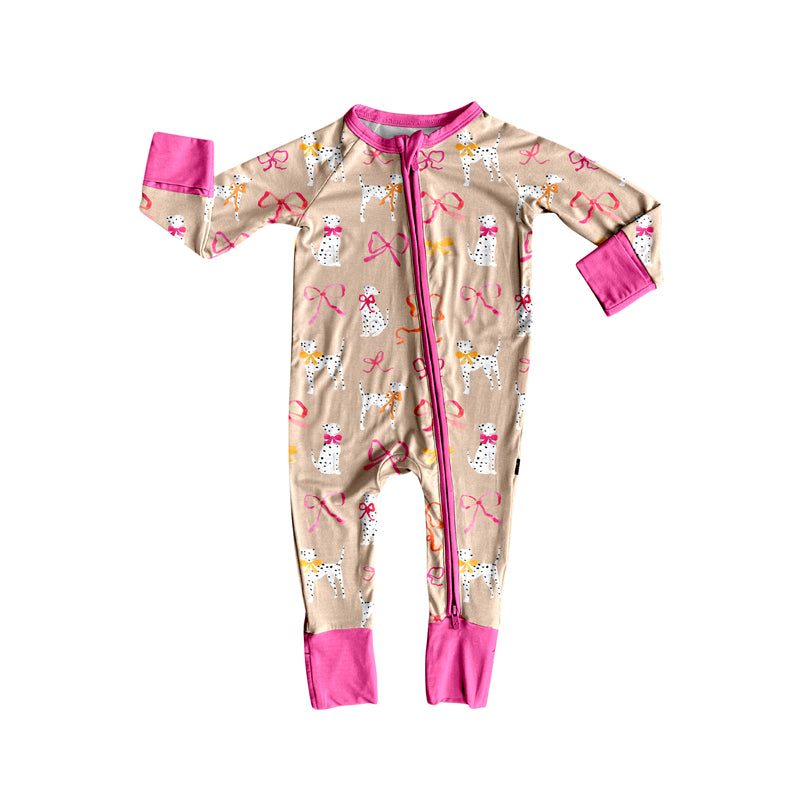 Preorder (moq 5)Baby Girls Long Sleeves Pink Bows Dogs Zipper Rompers