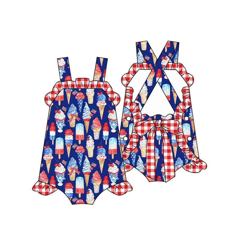 Preorder(moq 5)Baby Infant Girls Hot Blue Strap Popsicle 4th Of July Ruffle Rompers