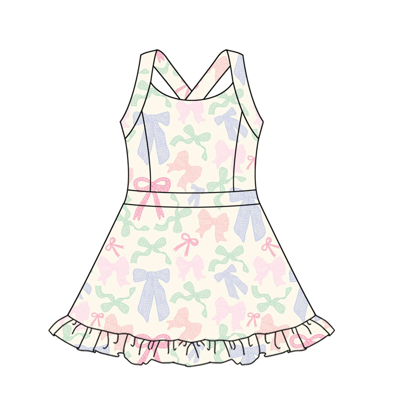 Preorder moq 10 Baby Girls Strap Colorful Bows Activity Wear Yoga Knee Length Dresses