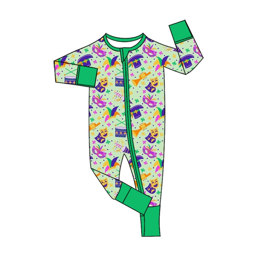 Preorder (moq 5) Baby Girl Clothes Mardi Gras Instrument Mask Print Long Sleeve Zipper Romper Pajama